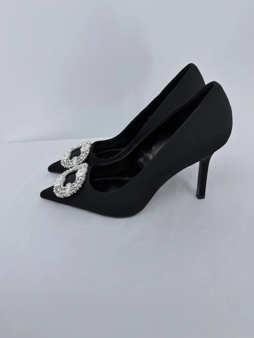Mango Black Satin Heels Rhinestone Buckle Pumps Size 40 EU Pointed Toe 4” Heel